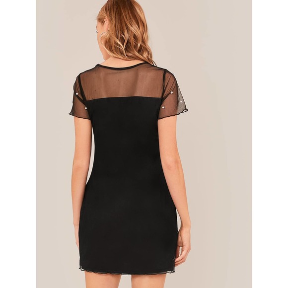 Lettuce Trim Pearl Beaded Mesh Overlay Dress black - Picture 2 of 3